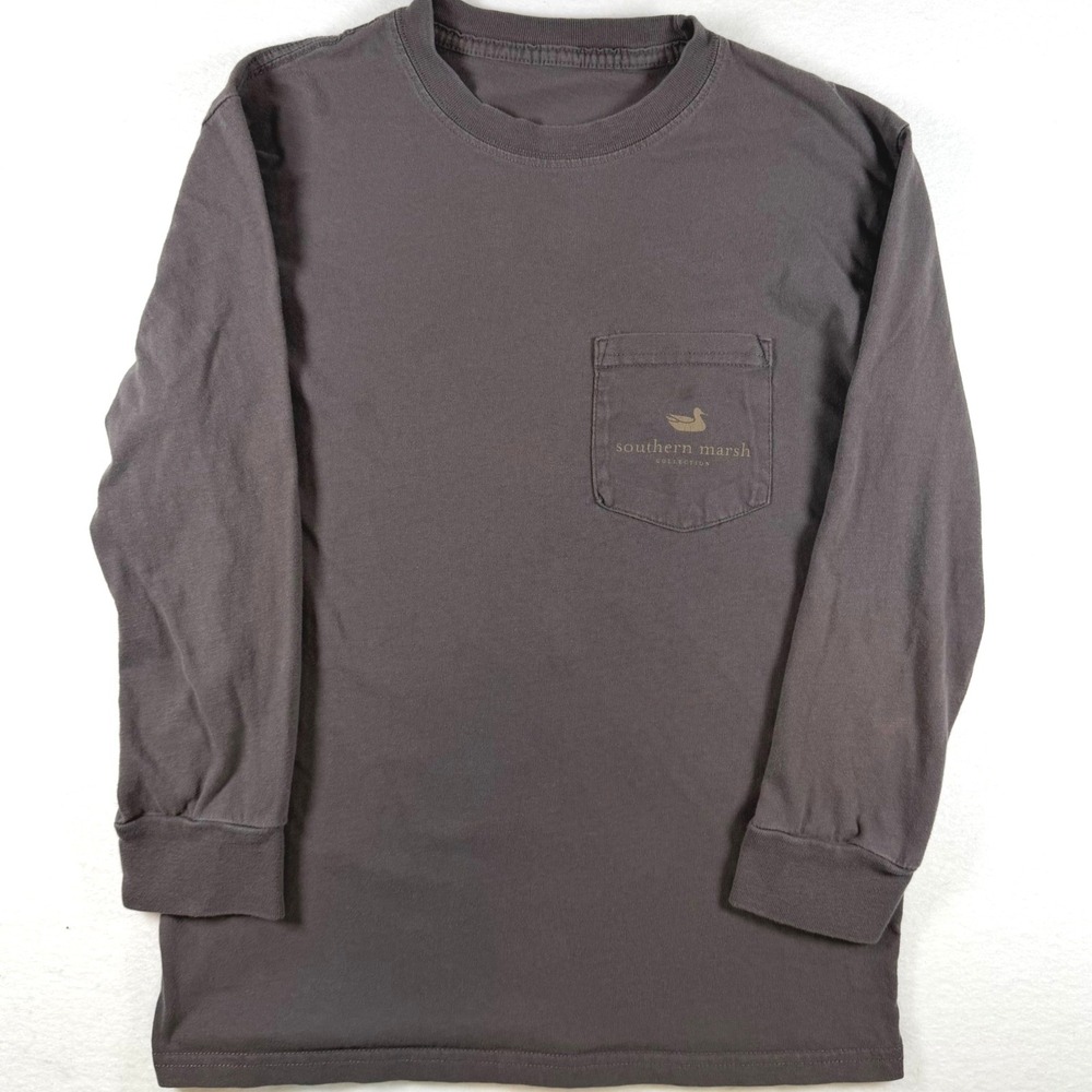 Southern Marsh Kids Long Sleeve Pocket Tee Gray Camo Duck Logo Shirt Size Medium